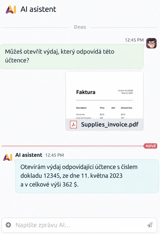 AI asistent v Odoo 20 s přiloženým PDF a otevřením odpovídajícího výdaje