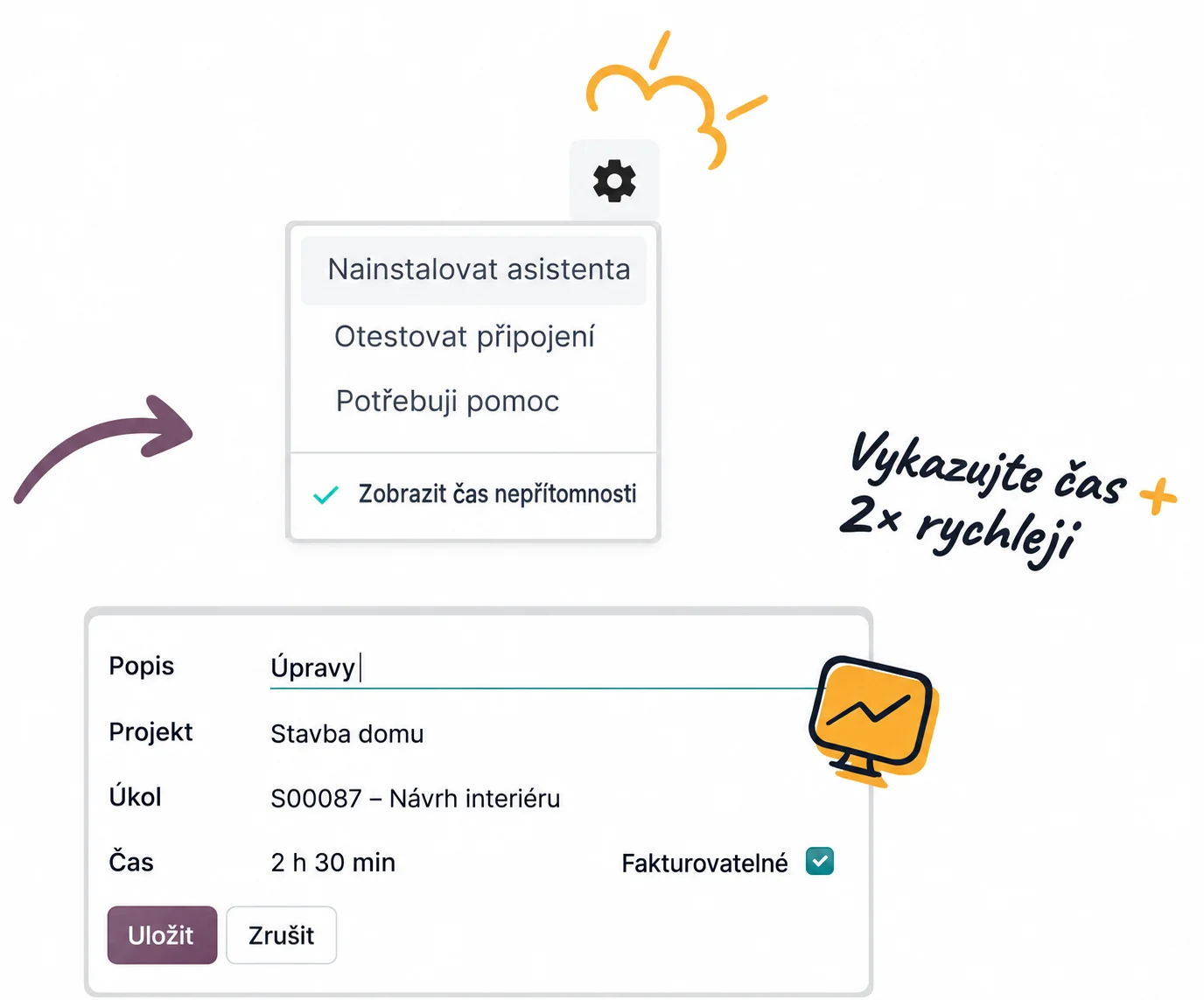 Ukázka asistenta výkazů práce Odoo se záznamem projektu, úkolu a času
