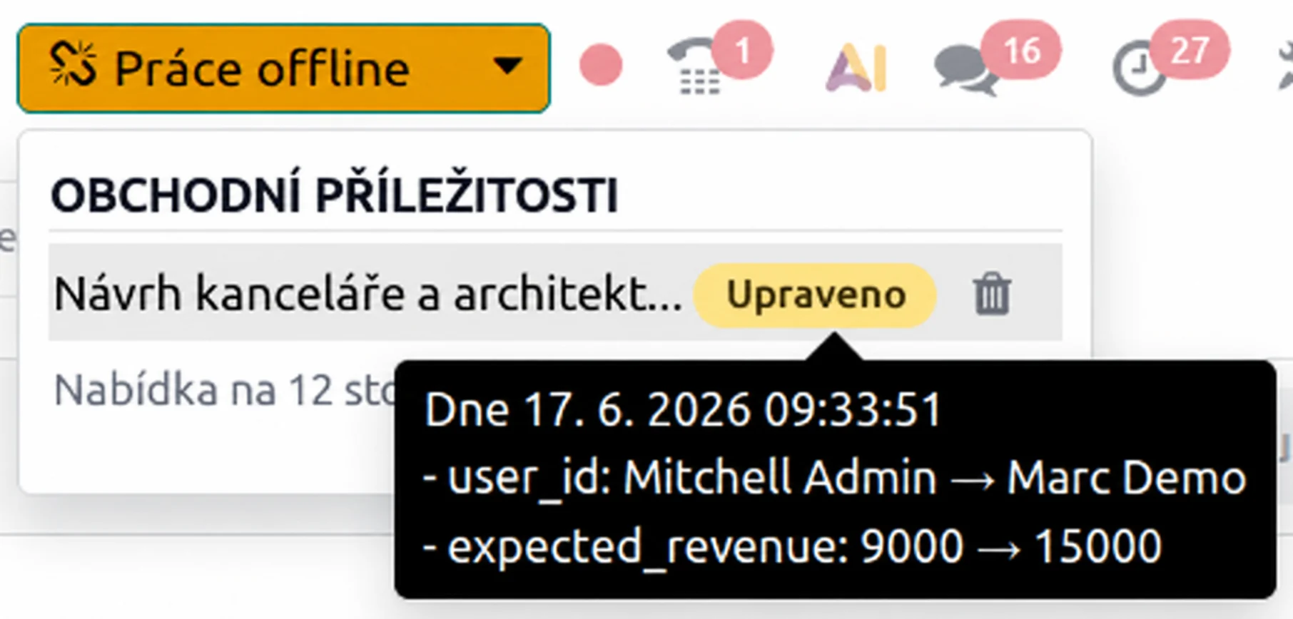 Ukázka fronty změn provedených offline v Odoo