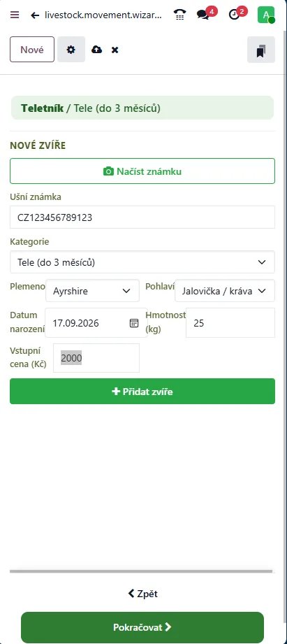 Mobilní aplikace Odoo: založení nového zvířete
