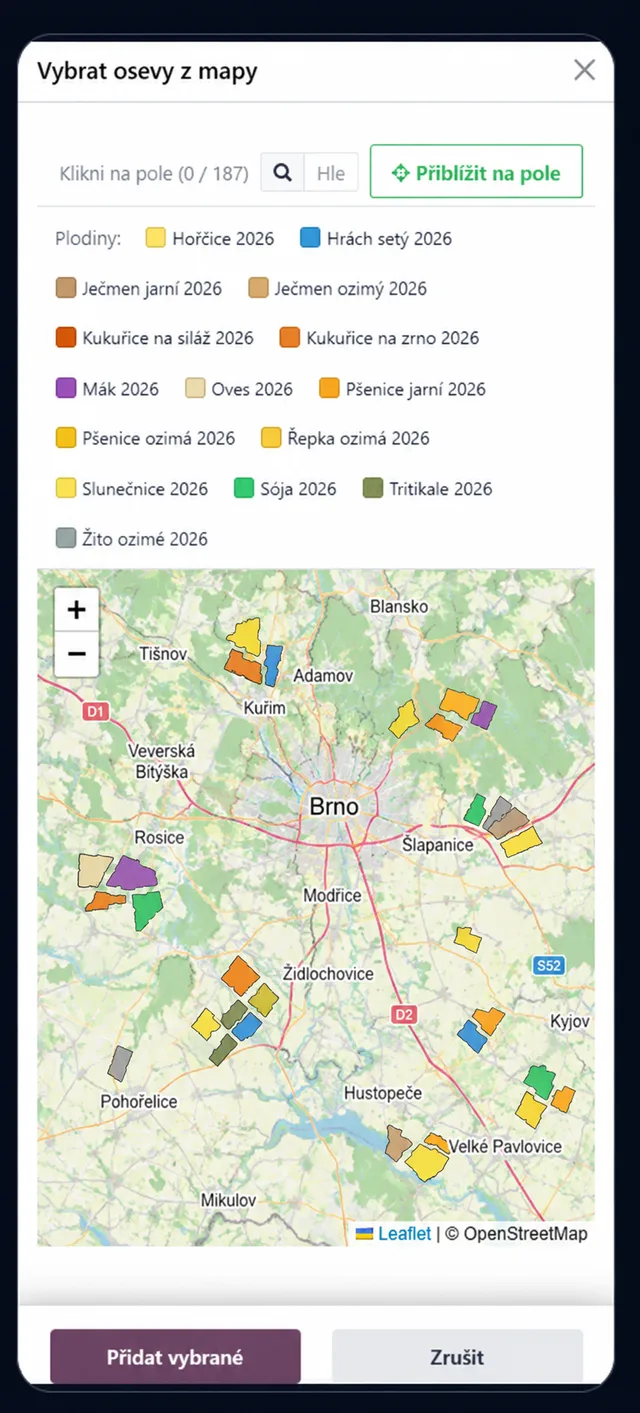 Mobilní aplikace Odoo: výběr osevu z mapy (ukázková data)