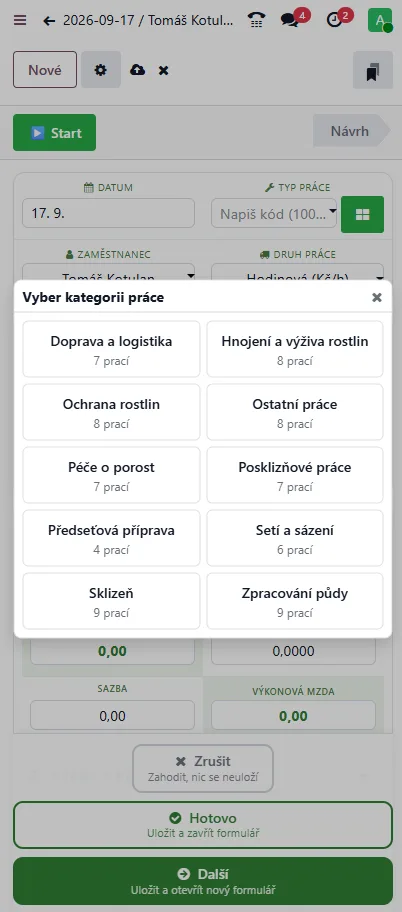 Mobilní aplikace Odoo: výběr kategorie práce